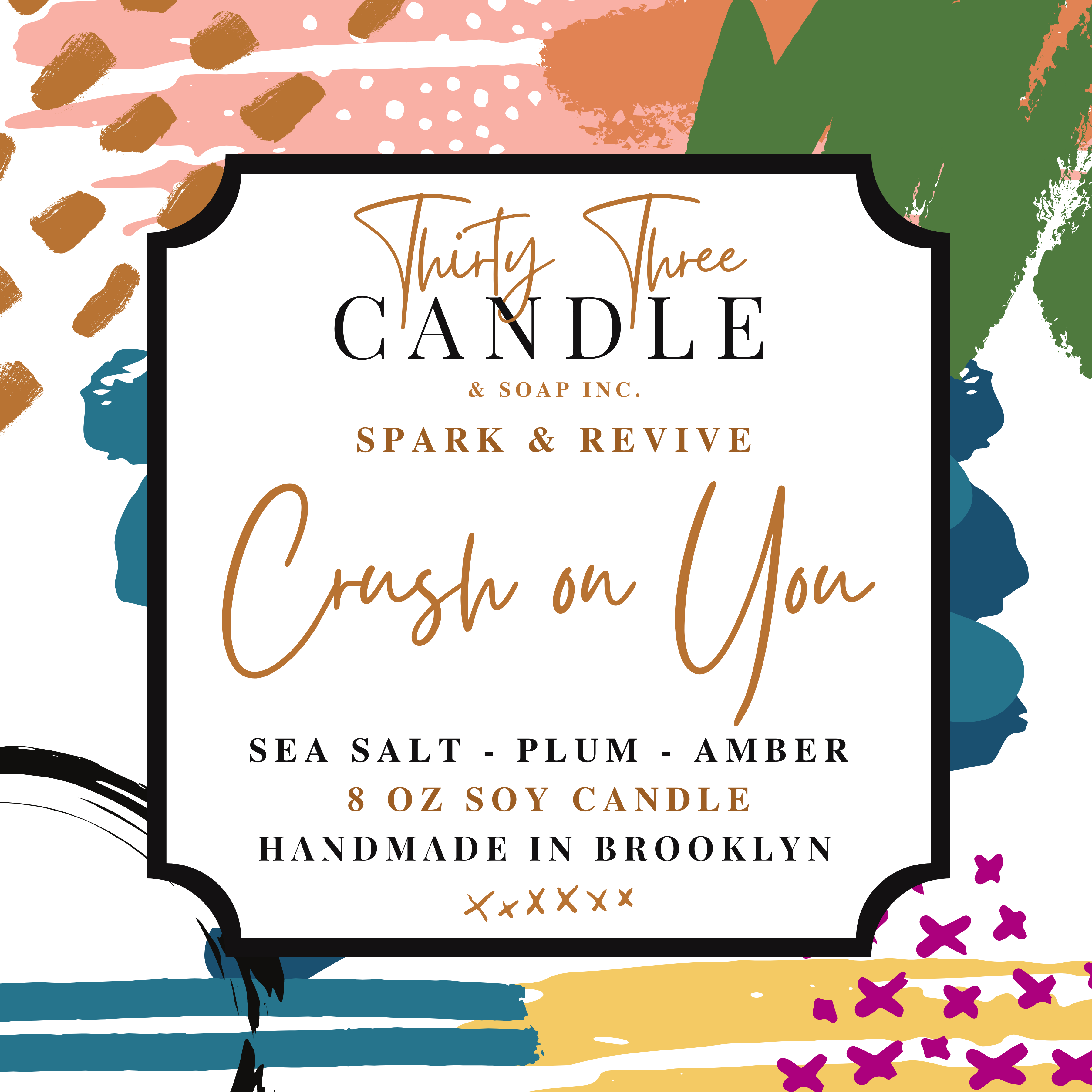 Fill your home with our sensual, mood-setting Crush On You scented soy wax candle. A perfect blend of both airy and sophisticated as well as dark and mysterious. With seduction in the air, the sweet yet salty oceanic accords combine with an undercurrent of citrus, plum, amber, and dark musk. Crush On You is infused with natural essential oils, including cardamom seed and clove leaf. @SparkandRevive